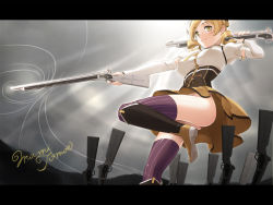 Rule 34 | 10s, 1girl, ass, backlighting, beret, blonde hair, boots, breasts, brown thighhighs, character name, corset, covered erect nipples, detached sleeves, drill hair, dual wielding, female focus, field of blades, fingerless gloves, gloves, gun, hair ornament, hairpin, hat, holding, large breasts, legs, letterboxed, light rays, long legs, magical girl, magical musket, mahou shoujo madoka magica, mahou shoujo madoka magica (anime), mignon, no panties, pleated skirt, puffy sleeves, ribbon, rifle, shiny skin, skirt, solo, striped clothes, striped thighhighs, sunbeam, sunlight, thighhighs, thighs, tomoe mami, twin drills, twintails, vertical-striped clothes, vertical-striped thighhighs, weapon, yellow eyes