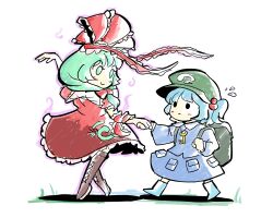 Rule 34 | 2girls, arm ribbon, bag, blue footwear, blue hair, boots, bow, brown footwear, dress, frilled dress, frilled ribbon, frills, front ponytail, green eyes, green hair, green headwear, highres, holding hands, jewelry, kagiyama hina, kawashiro nitori, key, key necklace, multiple girls, necklace, oysterfried, puffy short sleeves, puffy sleeves, red bow, red dress, red ribbon, ribbon, short sleeves, smile, touhou, two side up, walking, white background