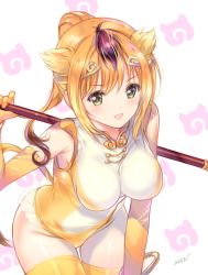 Rule 34 | 10s, 1girl, animal ears, blonde hair, blush, bracelet, breasts, brown hair, elbow gloves, gloves, golden snub-nosed monkey (kemono friends), green eyes, hair ornament, holding, holding weapon, japari symbol, jewelry, kemono friends, leotard, looking at viewer, medium breasts, min-naraken, monkey ears, monkey tail, multicolored hair, patterned background, polearm, ponytail, signature, simple background, smile, solo, tail, thighhighs, weapon, yellow thighhighs