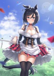 Rule 34 | 1girl, animal ears, black hair, black sleeves, black thighhighs, blouse, blue eyes, blush, bob cut, breasts, choker, cleavage, closed mouth, clothes lift, collarbone, commentary request, cowboy shot, cstv, curtsey, detached sleeves, dirndl, ear scrunchie, eishin flash (umamusume), german clothes, hair between eyes, highres, horse ears, horse girl, horse tail, looking at viewer, medium breasts, outdoors, red choker, red skirt, scrunchie, shirt, short hair, skindentation, skirt, skirt hold, skirt lift, smile, solo, striped clothes, striped shirt, tail, thighhighs, umamusume, vertical-striped clothes, vertical-striped shirt, white scrunchie, white shirt