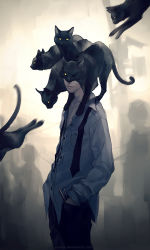 Rule 34 | 1boy, animal, animal on head, animal on shoulder, black cat, cat, cat on head, cat on person, cat on shoulder, cowboy shot, head out of frame, highres, looking at viewer, male focus, on head, original, solo, standing, too many, too many cats, yuumei