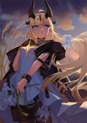 Rule 34 | 1girl, :o, ahoge, arknights, blonde hair, blue eyes, blunt bangs, breasts, cloud, cloudy sky, commentary request, cowboy shot, dragon girl, dragon horns, dress, dusk, floral print, flower, hair flower, hair ornament, highres, holding, holding flower, horns, infection monitor (arknights), kegani (kegani01), light in heart, long hair, outdoors, pantyhose, reed (arknights), reed the flame shadow (arknights), reeds, sky, small breasts, solo, standing, very long hair, white dress, white flower