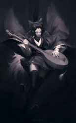 Rule 34 | 1girl, artist name, bangs pinned back, closed mouth, closed eyes, facing viewer, greyscale, guweiz, highres, holding, holding instrument, horns, instrument, japanese clothes, kimono, long sleeves, monochrome, music, obi, oni, oni horns, original, pipa (instrument), playing instrument, sash, short hair, short kimono, solo, thighhighs, wide sleeves