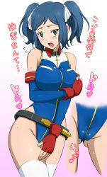 Rule 34 | 1girl, alternate hairstyle, bare shoulders, belt, belt skirt, blue hair, blush, breast hold, breasts, cameltoe, cosplay, covering privates, covering crotch, detached sleeves, fingerless gloves, flying sweatdrops, gloves, green eyes, gundam, gundam build fighters, gundam card builder, highleg, highleg leotard, iori rinko, large breasts, leotard, long hair, looking at viewer, mature female, open mouth, red gloves, reiko holinger, reiko holinger (cosplay), samidaredou, solo, sweat, thighhighs, twintails, uniform, white thighhighs
