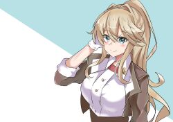 Rule 34 | 1girl, absurdres, alchemy stars, arm behind head, blonde hair, blue eyes, blush, breasts, brown jacket, brown pants, closed mouth, collared shirt, eyebrows hidden by hair, gloves, hair between eyes, highres, jacket, large breasts, long bangs, long hair, namomihagi010, pants, ponytail, shirt, simple background, sleeves rolled up, smile, solo, upper body, vivian (alchemy stars), white gloves, white shirt