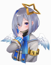 Rule 34 | 1girl, amane kanata, angel wings, armband, blue ribbon, blush, bob cut, colored inner hair, commentary request, hair between eyes, hair ornament, halo, higashigure, highres, hololive, looking at viewer, multicolored hair, portrait, purple eyes, ribbon, school uniform, short hair, silver hair, single hair intake, solo, star halo, virtual youtuber, white background, wings