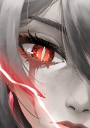 1girl acheron_(honkai:_star_rail) blood bloody_tears bright_pupils closed_mouth earrings electricity eye_focus grey_hair highres hisaeki honkai:_star_rail honkai_(series) jewelry large_variant_set long_hair looking_at_viewer nose official_alternate_color red_eyes solo variant_set white_pupils