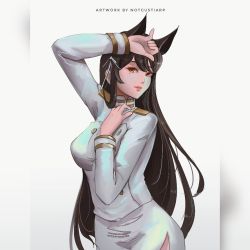 Rule 34 | 1girl, animal ears, artist name, atago (azur lane), azur lane, black hair, breasts, buttons, cowboy shot, double-breasted, hair ribbon, jacket, large breasts, lips, long hair, looking at viewer, military, military uniform, mole, mole under eye, naval uniform, notgustiarp, pencil skirt, ribbon, simple background, skirt, solo, standing, uniform, very long hair, white background, white jacket, white ribbon, white skirt, yellow eyes