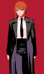 Rule 34 | 1girl, black coat, black necktie, black pants, chainsaw man, closed mouth, coat, collared shirt, ikuchan kaoru, long hair, long sleeves, looking at viewer, makima (chainsaw man), necktie, open clothes, open coat, orange hair, pants, red background, red eyes, ringed eyes, shirt, sidelocks, simple background, solo, standing, white shirt, wing collar