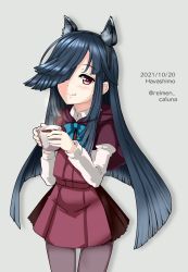 Rule 34 | 1girl, ahoge, animal ears, black hair, blue bow, blue bowtie, blush, bow, bowtie, breasts, cleavage, cloak, coffee, coffee mug, commentary request, cowboy shot, cup, dated, dress, dress shirt, english text, fake animal ears, grey background, hair over one eye, halterneck, hayashimo (kancolle), highres, holding, holding cup, kantai collection, karuna (madlax), long hair, long sleeves, looking at viewer, mug, one-hour drawing challenge, pantyhose, purple cloak, purple dress, purple eyes, purple pantyhose, shirt, simple background, smile, solo, steam, twitter username, white shirt, wolf ears