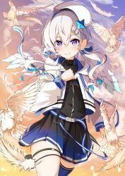 Rule 34 | 1girl, absurdres, amane kanata, amane kanata (work), angel wings, beret, bird, black dress, blue hair, blue thighhighs, blush, closed mouth, colored inner hair, crossed bangs, dress, feathered wings, floating hair, frilled dress, frills, grey hair, hair between eyes, hair ornament, hairclip, hand on own chest, hat, highres, hololive, jacket, long hair, long sleeves, looking at viewer, mini wings, multicolored hair, purple eyes, single thighhigh, smile, solo, spice mega, star (symbol), star hair ornament, streaked hair, thigh strap, thighhighs, thighs, two-tone hair, virtual youtuber, white hat, white jacket, white wings, wings