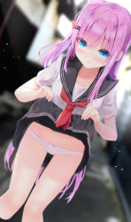 Rule 34 | 1girl, black sailor collar, black skirt, black socks, blue eyes, blurry, blurry background, blush, bow, bow panties, clothes lift, commentary request, depth of field, dutch angle, hair between eyes, hair ornament, hairclip, heart, heart hair ornament, highres, kouda suzu, lifting own clothes, long hair, looking at viewer, neckerchief, nose blush, one side up, original, panties, parted lips, pink hair, pleated skirt, red neckerchief, sailor collar, school uniform, serafuku, shirt, short sleeves, skirt, skirt lift, socks, solo, standing, underwear, very long hair, white panties, white shirt
