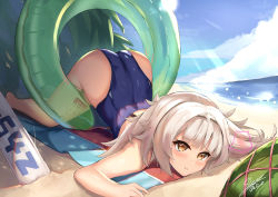 Rule 34 | 1girl, absurdres, azur lane, bare shoulders, beach, beach towel, blue one-piece swimsuit, blunt bangs, closed mouth, competition swimsuit, food, fruit, highres, innertube, light rays, long hair, looking at viewer, lying, mole, mole under eye, on stomach, one-piece swimsuit, revision, sand, sidelocks, signature, silver hair, skai kun, solo, speech bubble, sun, sunbeam, sunlight, swim ring, swimsuit, top-down bottom-up, towel, very long hair, water, watermelon, yellow eyes, z46 (azur lane), z46 (her first summer) (azur lane)