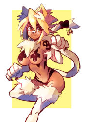 Rule 34 | 1girl, :3, animal ear fluff, animal ears, animal hands, azuumori, bandaid, bandaid on face, bandaid on nose, blonde hair, body fur, border, brown eyes, cat ears, closed mouth, dark-skinned female, dark skin, hand up, looking at viewer, monster girl, paw pose, slit pupils, smile, solo, standing, standing on one leg, tail, white border, white fur, yellow background