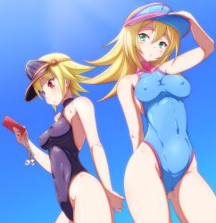 Rule 34 | 2girls, alternate costume, blonde hair, blue background, blush, breasts, cellphone, commentary request, covered navel, danpu, dark magician girl, covered erect nipples, gagaga girl, green eyes, highres, looking at another, medium breasts, multiple girls, one-piece swimsuit, phone, red eyes, short hair, skull, standing, swimsuit, visor cap, yu-gi-oh!