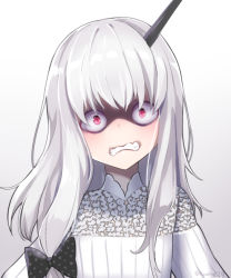 Rule 34 | 1girl, black bow, blush, bow, clenched teeth, dress, fate/grand order, fate (series), gradient background, grey background, hair bow, head tilt, horns, lavinia whateley (fate), long hair, looking at viewer, open mouth, polka dot, polka dot bow, purple eyes, shaded face, silver hair, single horn, solo, teeth, twitter username, tyone, white background, white dress