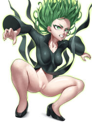 Rule 34 | 1girl, anger vein, angry, anus, arms up, aura, black dress, breasts, censored, cleft of venus, clenched teeth, curly hair, dress, fighting stance, glowing, green eyes, green hair, high heels, long sleeves, mosaic censoring, navel, no panties, one-punch man, pussy, short hair, side slit, simple background, skylock, small breasts, solo, squatting, tatsumaki, teeth, white background