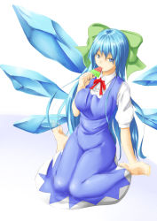 Rule 34 | 1girl, alternate breast size, ascot, bad feet, barefoot, blue eyes, blue hair, bow, breasts, cirno, dress, eating, from above, hair bow, highres, ice, ice wings, large breasts, long hair, looking at viewer, looking up, matching hair/eyes, niwatazumi, aged up, popsicle, ribbon, sitting, sketch, solo, touhou, very long hair, wariza, watermelon bar, wings
