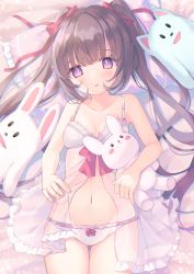 Rule 34 | 1girl, absurdres, bare shoulders, blush, bow, bow bra, bow hairband, bra, breasts, brown hair, rabbit, collarbone, hair between eyes, hair ribbon, hairband, highres, jacket, long hair, looking at viewer, lying, miyanome, moe2021, navel, on back, open clothes, open jacket, open mouth, open shirt, original, panties, pillow, purple eyes, red ribbon, ribbon, ribbon bra, simple background, small breasts, solo, toy, underwear, white panties