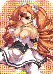 Rule 34 | 1girl, aq interactive, arcana heart, arcana heart 2, atlus, breast hold, breasts, cleavage, covering privates, covering breasts, dress, drill hair, earrings, elbow gloves, examu, flower, gloves, hair flower, hair ornament, halftone, halftone background, hisahiko, jewelry, large breasts, long hair, necklace, orange hair, petra johanna lagerkvist, purple eyes, sitting, solo, sweatdrop, thighhighs, topless, twin drills, twintails, very long hair