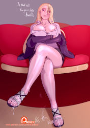 Rule 34 | 1girl, bad id, bad pixiv id, blonde hair, breasts, cavalry (maslow), chijo, cleavage, commission, couch, crossed arms, cum, cum on body, cum on feet, cum on lower body, english text, evangeline a.k. mcdowell, evangeline a.k. mcdowell (adult), feet, female pervert, frown, large breasts, legs, crossed legs, long hair, looking at viewer, looking down, pervert, purple eyes, sandals, shirt, sitting, solo, toes, uq holder!