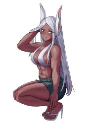 Rule 34 | 1girl, abs, adjusting hair, animal ears, bare arms, bare shoulders, bikini, bikini top only, boku no hero academia, breasts, closed mouth, collarbone, cutoffs, dark-skinned female, dark skin, feet, full body, hand in own hair, high heels, highres, large breasts, legs, legs together, long eyelashes, long hair, looking at viewer, mirko, nail polish, navel, parted bangs, rabbit ears, rabbit girl, rabbit tail, red eyes, sandals, shadertoons, short shorts, shorts, solo, squatting, stomach, swimsuit, tail, thighs, toenail polish, toenails, toned, white background, white bikini, white footwear, white hair, white nails