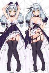 Rule 34 | 1girl, areola slip, armpits, arms up, bare arms, bare shoulders, bed sheet, black choker, black flower, black gloves, black panties, black rose, black thighhighs, blush, bow, breasts, breasts apart, choker, closed mouth, collarbone, cross hair ornament, dakimakura (medium), dress, flower, full body, garter belt, girls&#039; frontline, gloves, green eyes, groin, hair bow, hair flower, hair ornament, hand up, highres, hk416 (girls&#039; frontline), hk416 (starry cocoon) (girls&#039; frontline), large breasts, long hair, looking at viewer, lying, multiple views, no shoes, official alternate costume, on back, panties, panty pull, reinama, rose, silver hair, thighhighs, underwear, wavy mouth, white bow, white dress, white flower, white rose