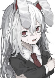 Rule 34 | 1girl, @ @, absurdres, albino, alternate hair color, animal ears, black jacket, buttons, collared jacket, collared shirt, commentary request, crossed arms, crossed bangs, eyes visible through hair, fang, grey hair, hair between eyes, highres, hisha (kan moko), jacket, long hair, long sleeves, looking at viewer, necktie, open mouth, rabbit ears, red eyes, red necktie, reisen udongein inaba, shirt, simple background, solo, sweat, sweatdrop, teeth, tongue, touhou, upper body, white background, white shirt