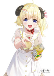 Rule 34 | 1girl, ahoge, blonde hair, blue eyes, bracelet, chips (food), commentary, dress, food, hair ornament, hair ribbon, hairclip, highres, hololive, horns, jewelry, looking at viewer, nail polish, neck ribbon, pink nails, pink ribbon, potato chips, red ribbon, ribbon, sailor collar, see-through, signature, skyrail, smile, solo, tsunomaki watame, tsunomaki watame (street casual), virtual youtuber, white background, white sailor collar