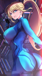 Rule 34 | 1girl, alternate breast size, ass, blonde hair, blue bodysuit, blue eyes, bodysuit, breasts, chromatic aberration, closed mouth, commentary request, covered navel, cowboy shot, from behind, gun, hand up, high ponytail, highres, holding, holding gun, holding weapon, huge breasts, impossible bodysuit, impossible clothes, indoors, long hair, looking at viewer, looking back, metroid, mole, mole under mouth, nintendo, outstretched arm, paralyzer, samus aran, serious, skin tight, solo, twisted torso, very long hair, weapon, yamabuki ryuu, zero suit