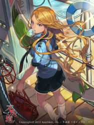 Rule 34 | 1girl, bag, beach, black necktie, blonde hair, blue eyes, blowing bubbles, copyright name, from above, from below, from side, furyou michi ~gang road~, handbag, holding, holding bag, kanojjang, lifebuoy, light bulb, light rays, long hair, looking at viewer, looking back, loose socks, necktie, official art, outdoors, short sleeves, skirt, socks, solo, sparkle, surfboard, swim ring, uniform, very long hair, walking, water, wavy hair, white socks, wind