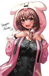 Rule 34 | 1girl, :3, :d, absurdres, animal hood, b-pang, black choker, black shirt, blush, breasts, brown hair, character name, choker, commentary, fang, hair between eyes, hands up, highres, hololive, hood, hood up, hooded jacket, inugami korone, inugami korone (loungewear), jacket, large breasts, long hair, long sleeves, looking at viewer, nail polish, official alternate costume, open clothes, open jacket, open mouth, pink jacket, pink nails, print shirt, red eyes, shirt, simple background, smile, solo, upper body, virtual youtuber, white background