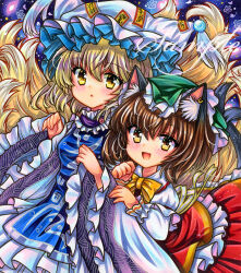 Rule 34 | 2girls, :d, :o, animal ear fluff, animal ear piercing, animal ears, blonde hair, blue tabard, blush, bow, bowtie, breasts, brown eyes, brown hair, cat ears, cat girl, cat tail, chen, dress, embellished costume, fang, fox tail, frilled headwear, frilled shirt collar, frilled sleeves, frills, green headwear, hat, hat tassel, long sleeves, looking at viewer, marker (medium), medium hair, mob cap, multiple girls, multiple tails, ofuda, ofuda on clothes, open mouth, parted lips, red skirt, red vest, rui (sugar3), sample watermark, shirt, skirt, skirt set, small breasts, smile, tabard, tail, tassel, touhou, traditional media, vest, watermark, white dress, white headwear, white shirt, wide sleeves, yakumo ran, yellow bow, yellow bowtie, yellow eyes
