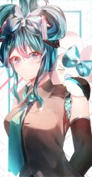 Rule 34 | &gt; &lt;, 1girl, anzup 404, bad id, bad pixiv id, bare shoulders, blue bow, blue eyes, blue hair, blue necktie, blush, bow, cinnamiku, detached sleeves, ear bow, grey bow, hair up, hand on another&#039;s shoulder, hatsune miku, highres, light smile, necktie, rabbit, sanrio, sparkling eyes, vocaloid, watermark