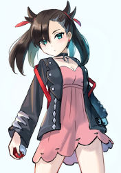 Rule 34 | 1girl, asymmetrical bangs, black hair, black jacket, black nails, blue eyes, breasts, choker, cleavage, closed mouth, collarbone, cowboy shot, creatures (company), dress, earrings, floating hair, game freak, hair ribbon, highres, holding, holding poke ball, jacket, jewelry, long hair, long sleeves, looking at viewer, marnie (pokemon), medium breasts, nail polish, nekoreito, nintendo, open clothes, open jacket, pink dress, poke ball, poke ball (basic), pokemon, pokemon swsh, red ribbon, ribbon, short dress, simple background, solo, standing, twintails, white background