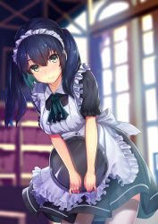 Rule 34 | 1girl, apron, ascot, black dress, black hair, blurry, blush, breasts, closed mouth, day, depth of field, dress, eyebrows, frilled sleeves, frills, green eyes, hair between eyes, highres, indoors, kagematsuri, large breasts, leaning forward, long hair, looking at viewer, maid, maid headdress, original, puffy short sleeves, puffy sleeves, shelf, short sleeves, smile, solo, sunlight, tareme, thighhighs, twintails, white apron, white thighhighs, window