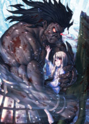 Rule 34 | 1boy, 1girl, angry, black hair, blood, blood on face, breasts, fate/stay night, fate (series), glowing, glowing eyes, heracles (fate), highres, holding, holding weapon, illyasviel von einzbern, injury, kuroshio (zung-man), long hair, looking at viewer, muscular, official alternate costume, protecting, red eyes, small breasts, tearing up, tears, weapon, white hair