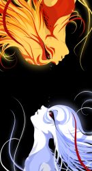 Rule 34 | 2girls, black background, colored skin, eye contact, eyelashes, hushabye, long hair, looking at another, multiple girls, original, portrait, red eyes, rotational symmetry, simple background, yellow skin