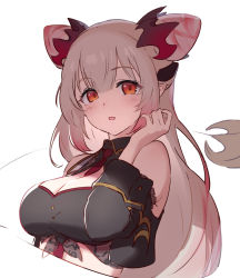 Rule 34 | 1girl, nanashi inc., bad id, bad twitter id, bare shoulders, between breasts, blush, breasts, cleavage, cone hair bun, cropped torso, demon girl, demon horns, demon tail, detached collar, detached sleeves, double bun, hair bun, hideowlowl, honey strap, horns, large breasts, long hair, long sleeves, looking at viewer, midriff, multicolored hair, necktie, necktie between breasts, pink hair, pointy ears, red eyes, red necktie, silver hair, simple background, smile, solo, streaked hair, suou patra, tail, upper body, virtual youtuber, white background