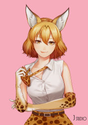 Rule 34 | 10s, 1girl, :q, animal ears, bare shoulders, blonde hair, bow, bowtie, cat ears, elbow gloves, gloves, highres, joe (j studio), kemono friends, licking lips, looking at viewer, open mouth, pink background, serval (kemono friends), serval print, shirt, short hair, simple background, skirt, sleeveless, solo, tongue, tongue out, undressing, upper body