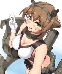 Rule 34 | 10s, 1girl, :d, blue background, blush, breasts, brown hair, chain, cleavage, cowboy shot, eyebrows, eyelashes, from above, gloves, green eyes, hair between eyes, hairband, headband, headgear, highres, kantai collection, large breasts, looking at viewer, machinery, midriff, miniskirt, monoku, mutsu (kancolle), open mouth, outstretched arm, radio antenna, reaching, reaching towards viewer, selfie, shiny skin, short hair, skirt, sleeveless, smile, solo, v, white background, white gloves