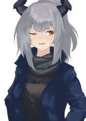 Rule 34 | 1girl, arknights, blue jacket, breasts, brown eyes, brown shirt, commentary request, grey hair, hebuchi123, highres, horns, jacket, liskarm (arknights), long hair, long sleeves, looking to the side, one eye closed, open clothes, open jacket, open mouth, ponytail, shirt, sidelocks, simple background, small breasts, solo, sweat, upper body, white background