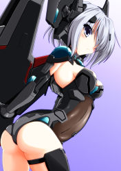 Rule 34 | 10s, 1girl, armor, ass, blue eyes, bodysuit, breasts, chouzetsu yarou, date a live, grey hair, headgear, holster, leotard, machinery, mecha musume, purple background, see-through, short hair, simple background, skin tight, standing, thigh holster, thigh strap, tobiichi origami