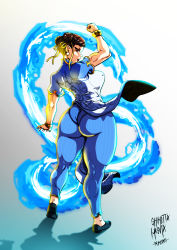 Rule 34 | 1girl, absurdres, artist name, ass, black footwear, blue background, blue dress, blue leggings, bracelet, breasts, brown hair, capcom, chinese clothes, chun-li, double bun, dress, earrings, full body, gradient background, grey background, hair bun, highres, huge ass, jewelry, large breasts, leggings, looking at viewer, looking back, open mouth, pantylines, shimetta masuta, shoes, short hair, solo, standing, street fighter, street fighter 6, thick thighs, thighs