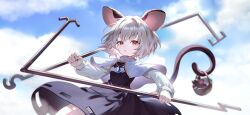 Rule 34 | 1girl, :&lt;, animal ears, basket, black dress, capelet, closed mouth, cloud, dowsing rod, dress, fingernails, grey capelet, grey hair, holding, holding with tail, jewelry, long sleeves, looking at viewer, mouse (animal), mouse ears, mouse girl, mouse tail, nazrin, non-web source, official art, pendant, prehensile tail, red eyes, second-party source, shirt, short hair, sky, sleeve cuffs, solo, tail, touhou, touhou gensou eclipse, u u zan, white shirt