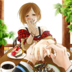 Rule 34 | 1girl, bracelet, brown eyes, brown hair, cup, daico, fingernails, hair ornament, hairclip, highres, jewelry, looking at viewer, meiko (vocaloid), nail polish, open mouth, pov, marriage proposal, ring, short hair, smile, solo focus, tea, tears, vocaloid