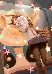 Rule 34 | 1girl, amiya (arknights), arknights, black pantyhose, black skirt, blush, box, brown hair, cable, closed eyes, flower, glowing, indoors, jewelry, kneeling, light particles, long hair, long sleeves, miniskirt, multiple rings, hugging object, open mouth, oversized object, pantyhose, plaid, plaid skirt, ponytail, rabbit ears, ribbed sweater, ring, skirt, smile, solo, stuffed animal, stuffed rabbit, stuffed toy, sweater, white sweater, yamahara
