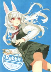 Rule 34 | 1girl, absurdres, animal ears, black skirt, blue background, doll, highres, kawaku, long hair, looking away, open mouth, original, pocket watch, rabbit-shaped pupils, rabbit ears, red eyes, skirt, solo, symbol-shaped pupils, teeth, text focus, translation request, watch, white hair