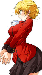 Rule 34 | 1girl, aono3, arched back, black skirt, blonde hair, blue eyes, blush, braid, closed mouth, cowboy shot, cup, darjeeling (girls und panzer), flying sweatdrops, frown, girls und panzer, highres, jacket, long sleeves, military, military uniform, pleated skirt, red jacket, short hair, simple background, skirt, solo, st. gloriana&#039;s military uniform, standing, sweatdrop, teacup, uniform, white background