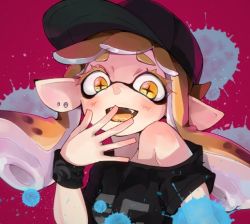Rule 34 | + +, 1girl, 3awatch, bare shoulders, baseball cap, blush, breasts, covering own mouth, crazy smile, domino mask, ear piercing, face, false smile, fang, fangs, hand to own mouth, hat, inkling, inkling girl, inkling player character, looking at viewer, mask, nintendo, off shoulder, open mouth, orange eyes, orange hair, paint splatter, piercing, pointy ears, shirt, smile, solo, splatoon (series), splatoon 2, t-shirt, tentacle hair, yandere, yandere trance